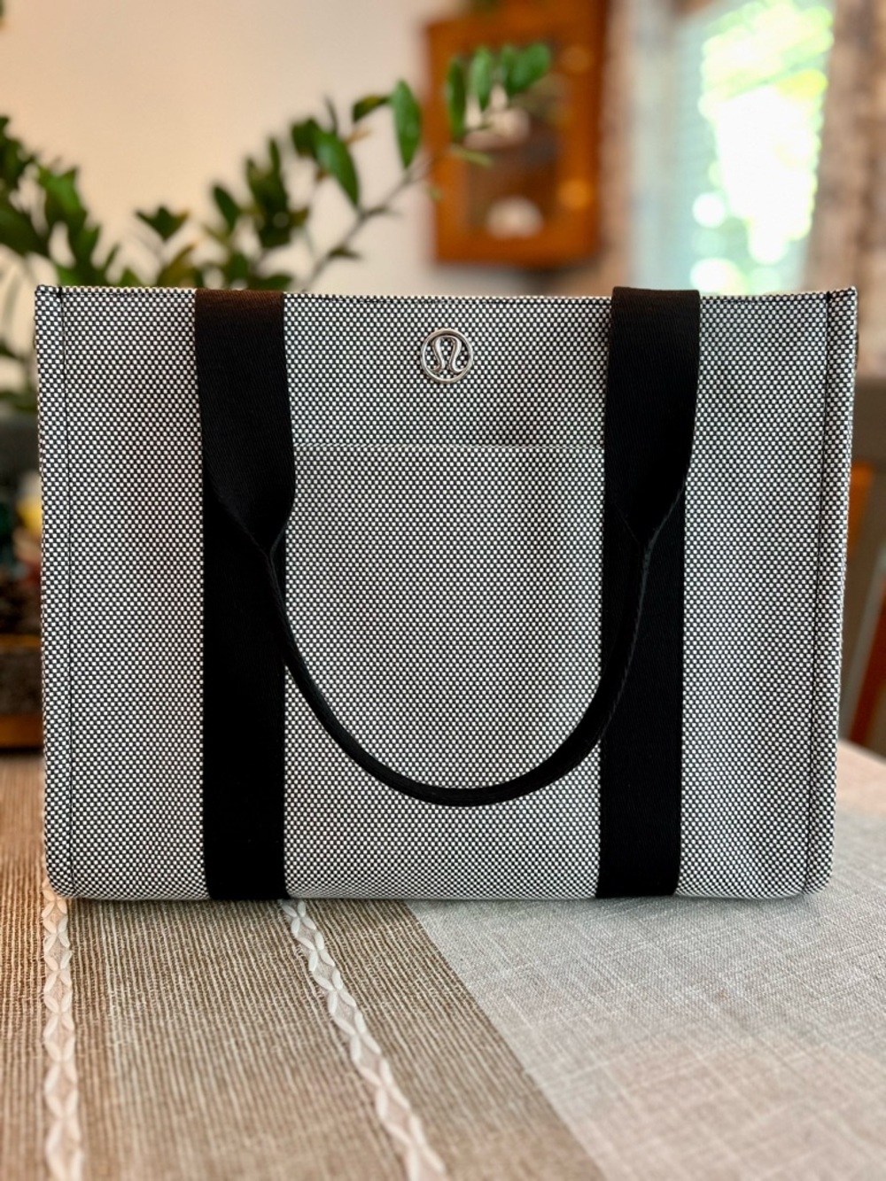 🍋Lululemon Black & White Woven CanvasTote Bag: Work, Gym, Travel